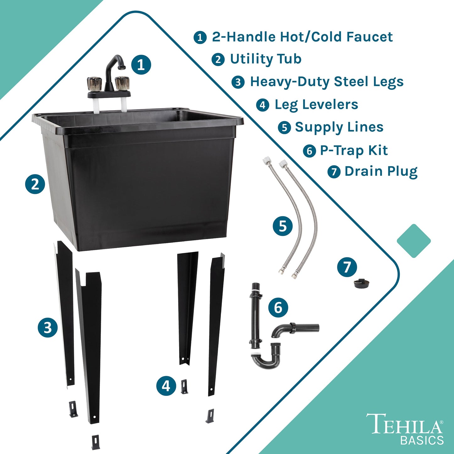 Tehila Basics Freestanding Black Utility Sink with Black Finish Dual Handle Utility Faucet