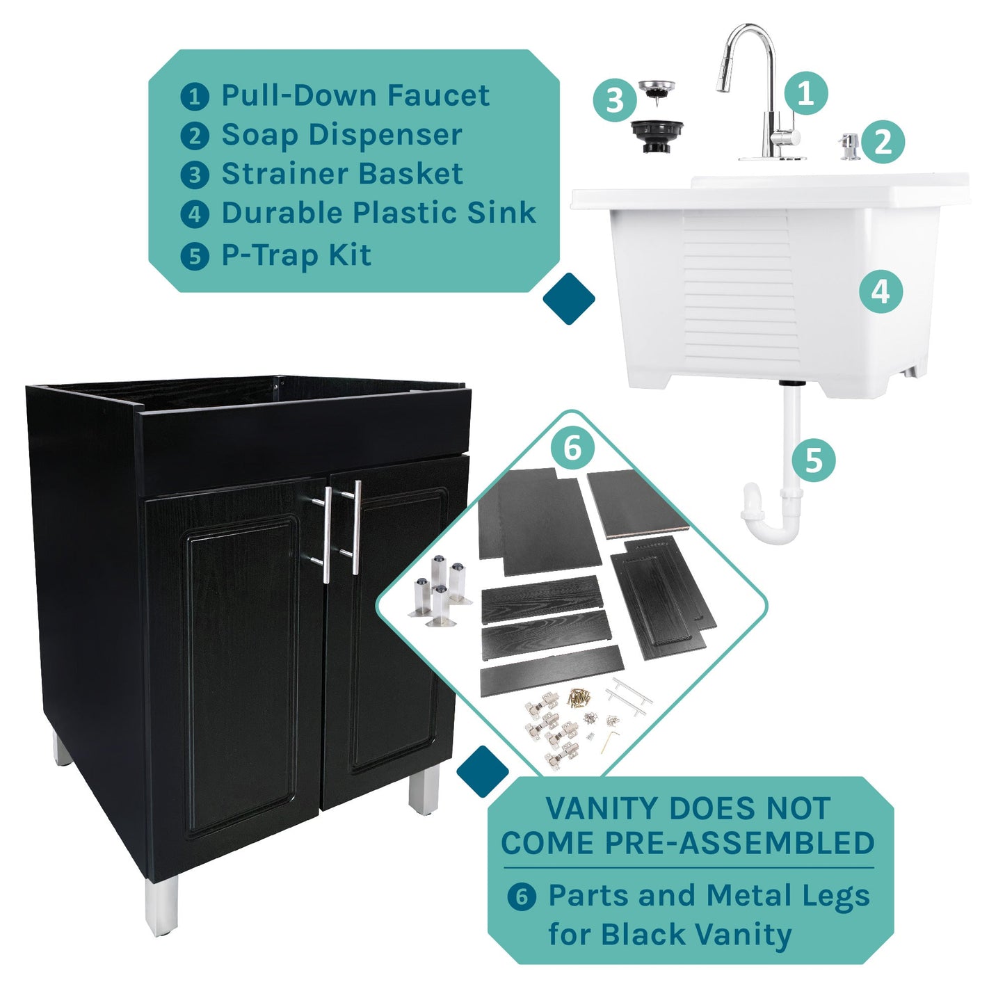 Tehila Black Vanity Cabinet and White Utility Sink with Chrome Finish High-Arc Pull-Down Faucet