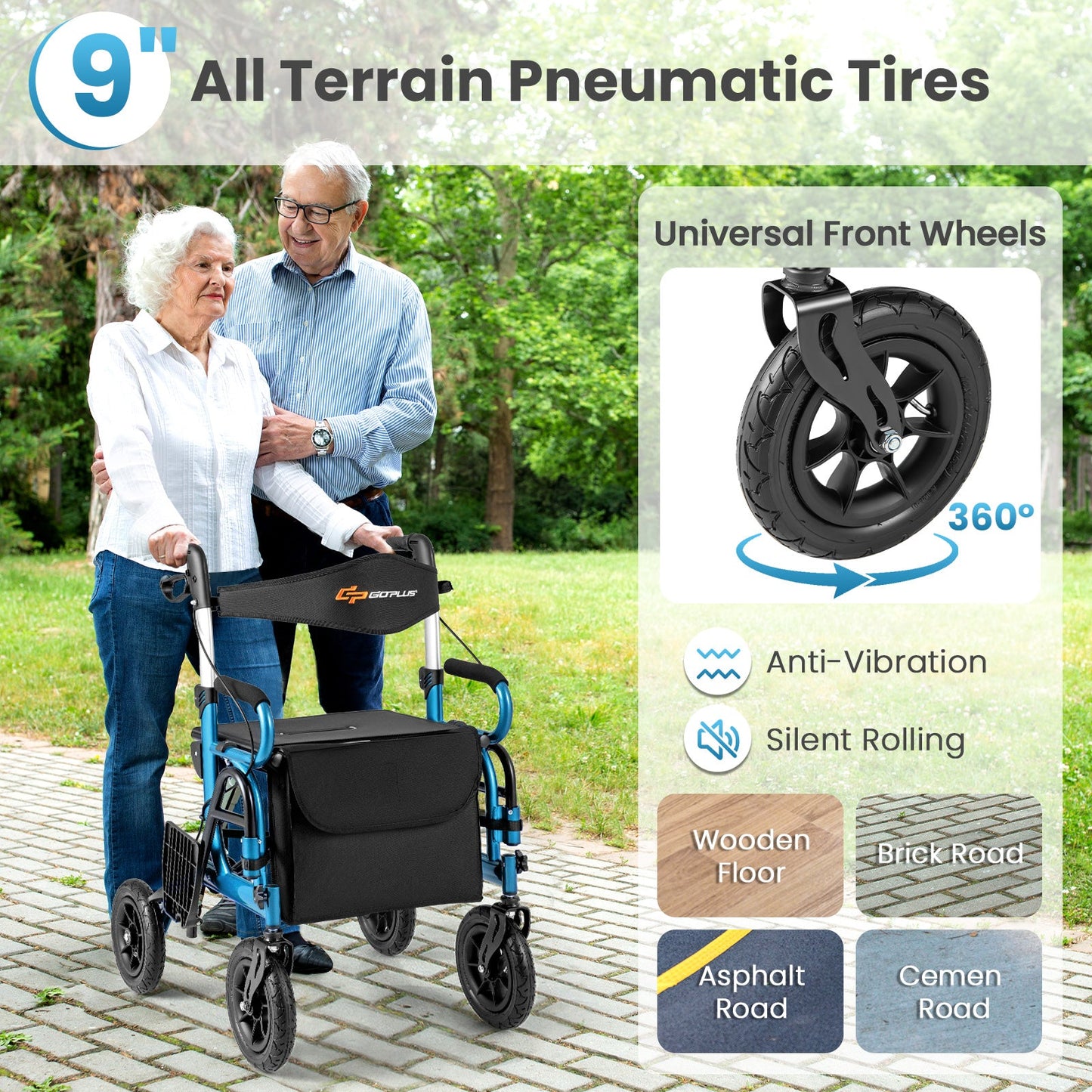 2-in-1 Foldable Rollator Walker with Seat abd 9 Inch Pneumatic Tires for Seniors-Navy