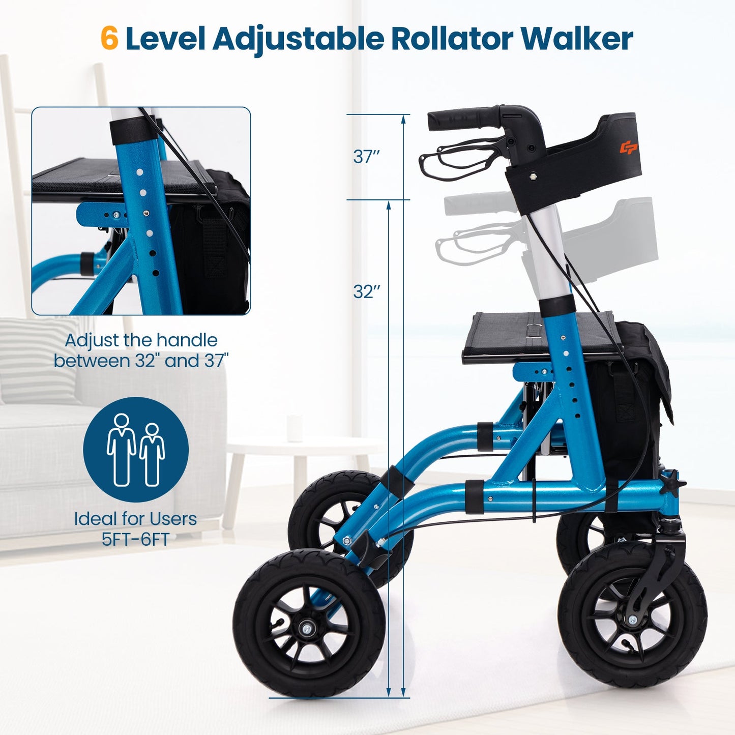 Height Adjustable Rollator Walker Foldable Rolling Walker with Seat for Seniors-Blue