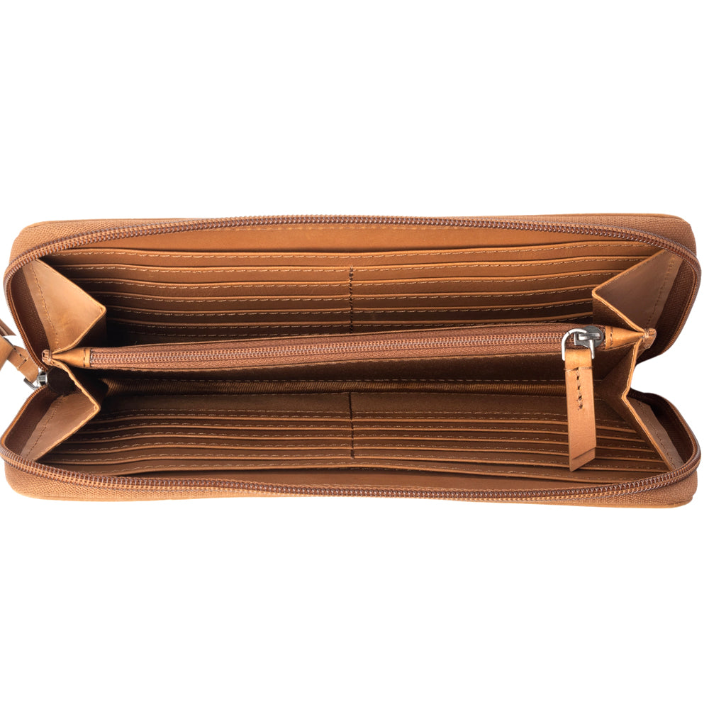 Myra Kilim Trail Western Wallet for Women in Mocha with leather detail and RFID protection