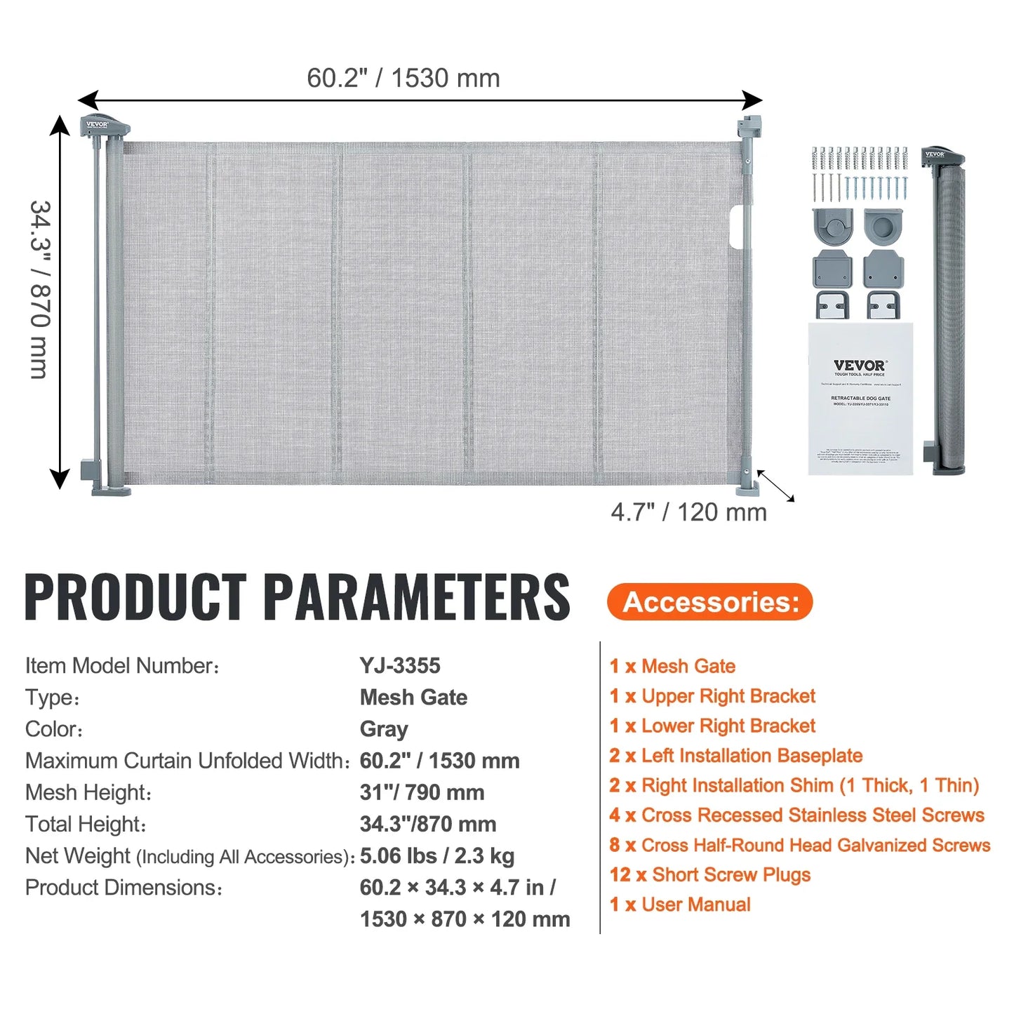 VEVOR Retractable Baby Gate Tall Mesh Baby Gate Extends up to Wide Retractable Gate for Kids or Pets Retractable Dog Gates