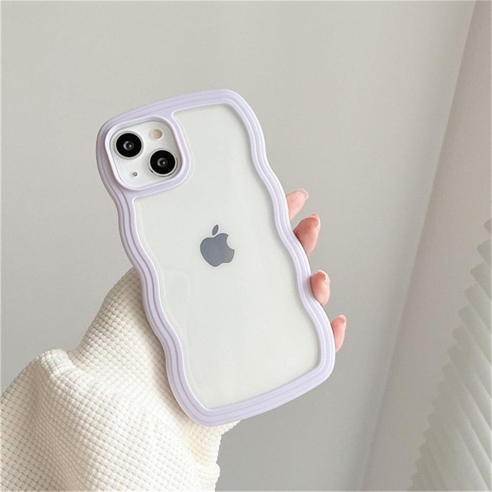 Cute Transparent Curly Wave Phone Case For iPhone 14Pro 13 12 11 Pro Max X XR XS Max Candy Color Shockproof Clear Hard Cover Shockproof Popular Wavy Stylish Phone Case