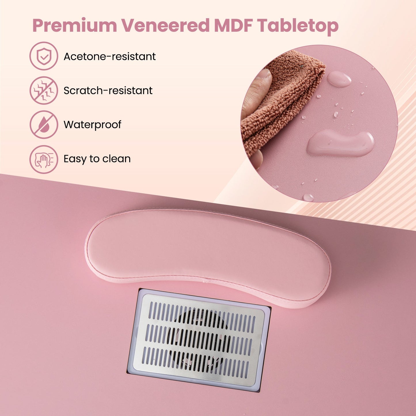 Manicure Table Nail Desk with Electric Dust Collector and 3 Dust Bags-Pink