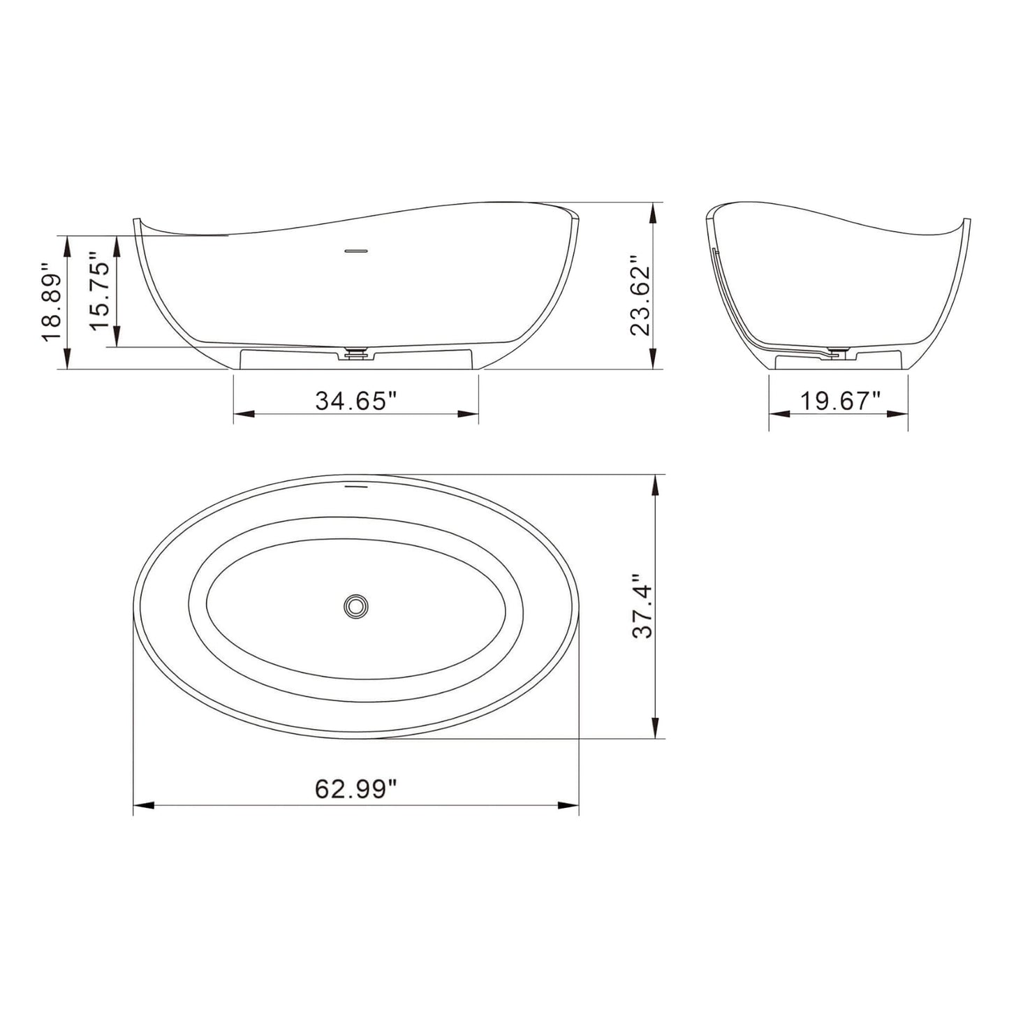 Nuvia 63-Inch Modern Freestanding Single-Piece Matte Black Finish Stone Resin Bathtub (SAK69041)