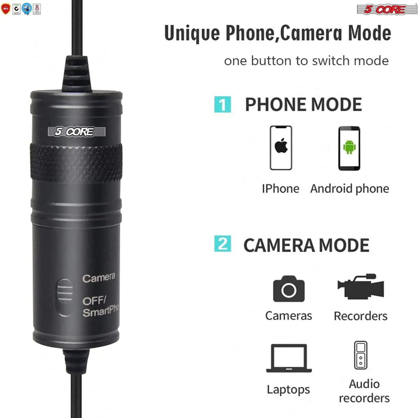 5Core Lavalier Microphone Clip On Professional Grade 3.5mm Lapel Mic Omnidirectional Lav Mic