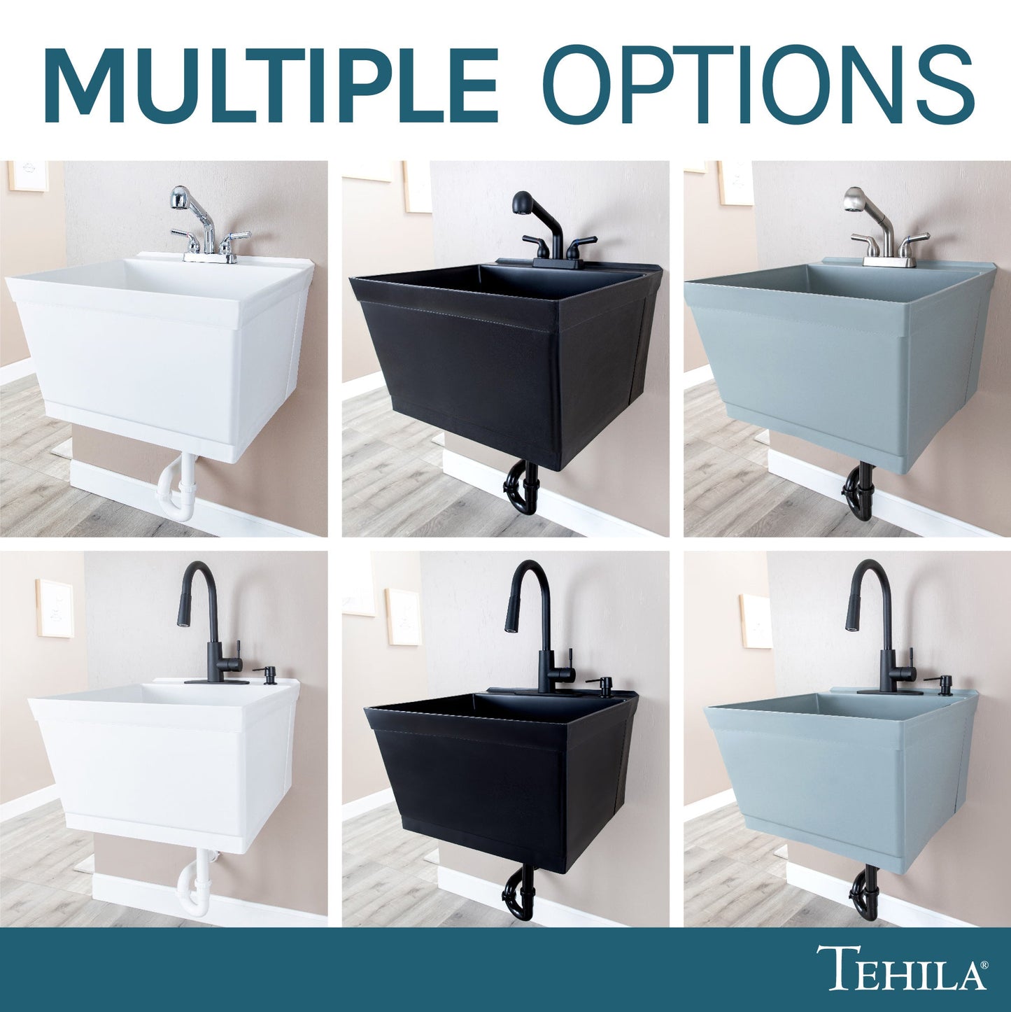 Tehila Standard Wall-Mounted White Utility Sink with Black Finish Pull-Down Faucet