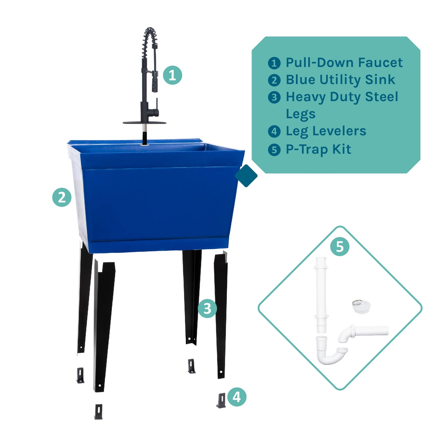 Tehila Standard Freestanding Blue Utility Sink with Black Finish High-Arc Coil Pull-Down Faucet