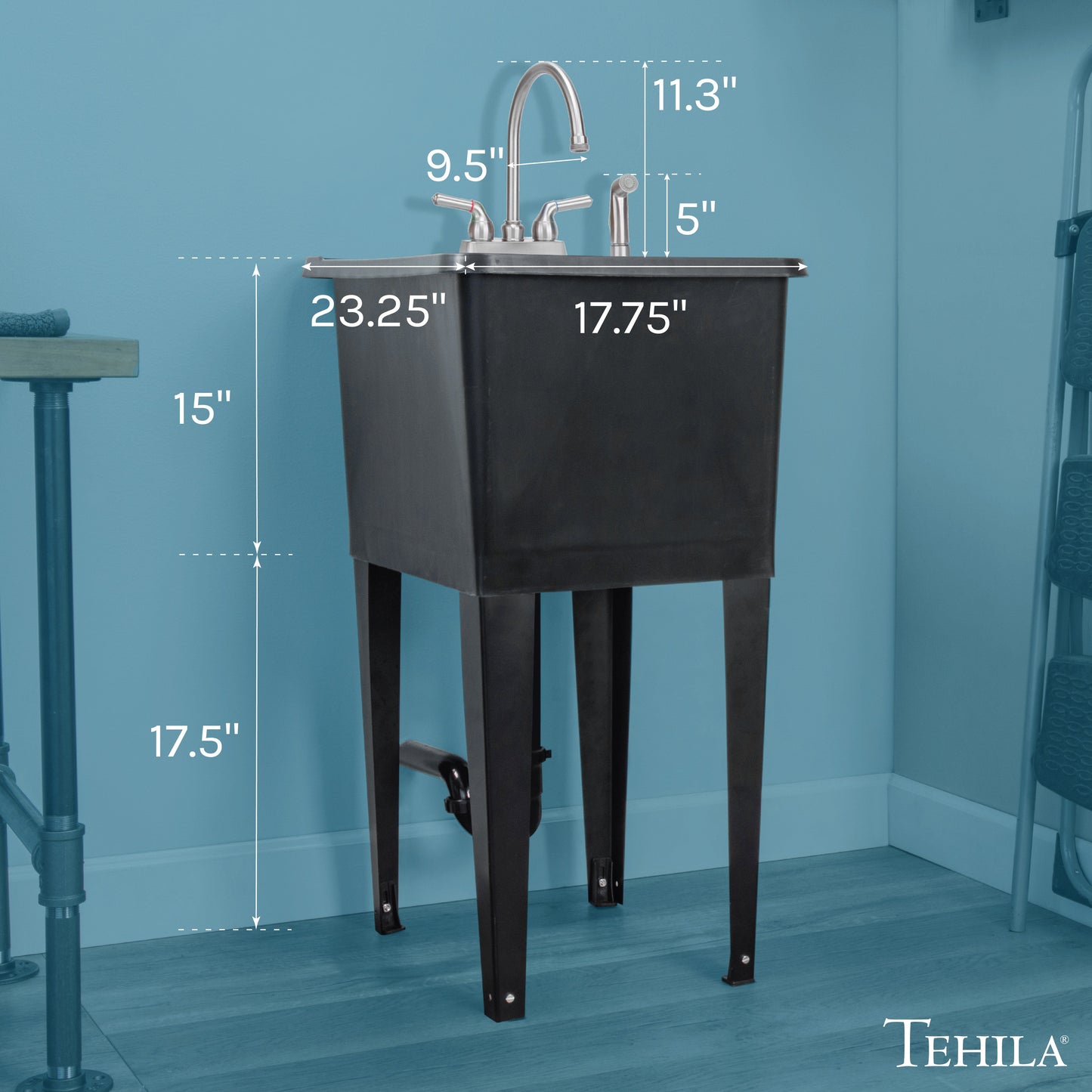 Tehila Space Saver Freestanding Black Utility Sink with Stainless Steel Finish Gooseneck Faucet and Side Sprayer