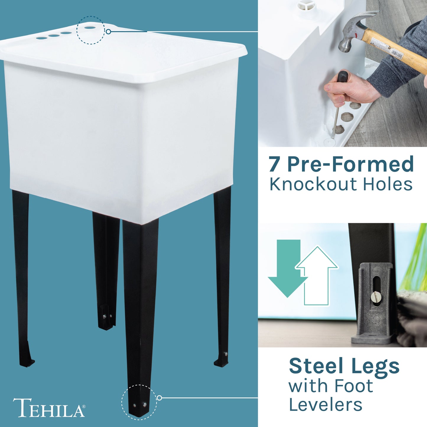 Tehila Space Saver Freestanding White Utility Sink with Chrome Finish Gooseneck Faucet and Side Sprayer