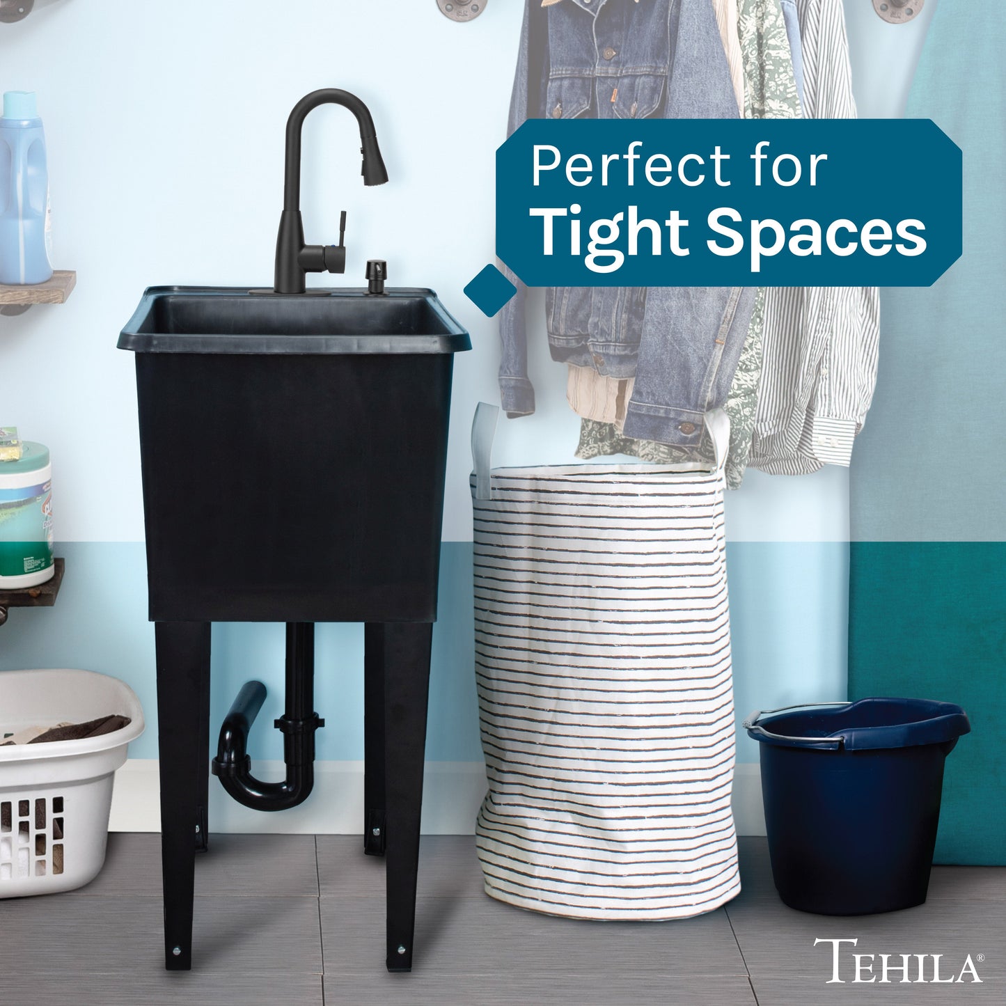 Tehila Space Saver Freestanding Black Utility Sink with Black Finish Low-Profile Pull-Down Faucet