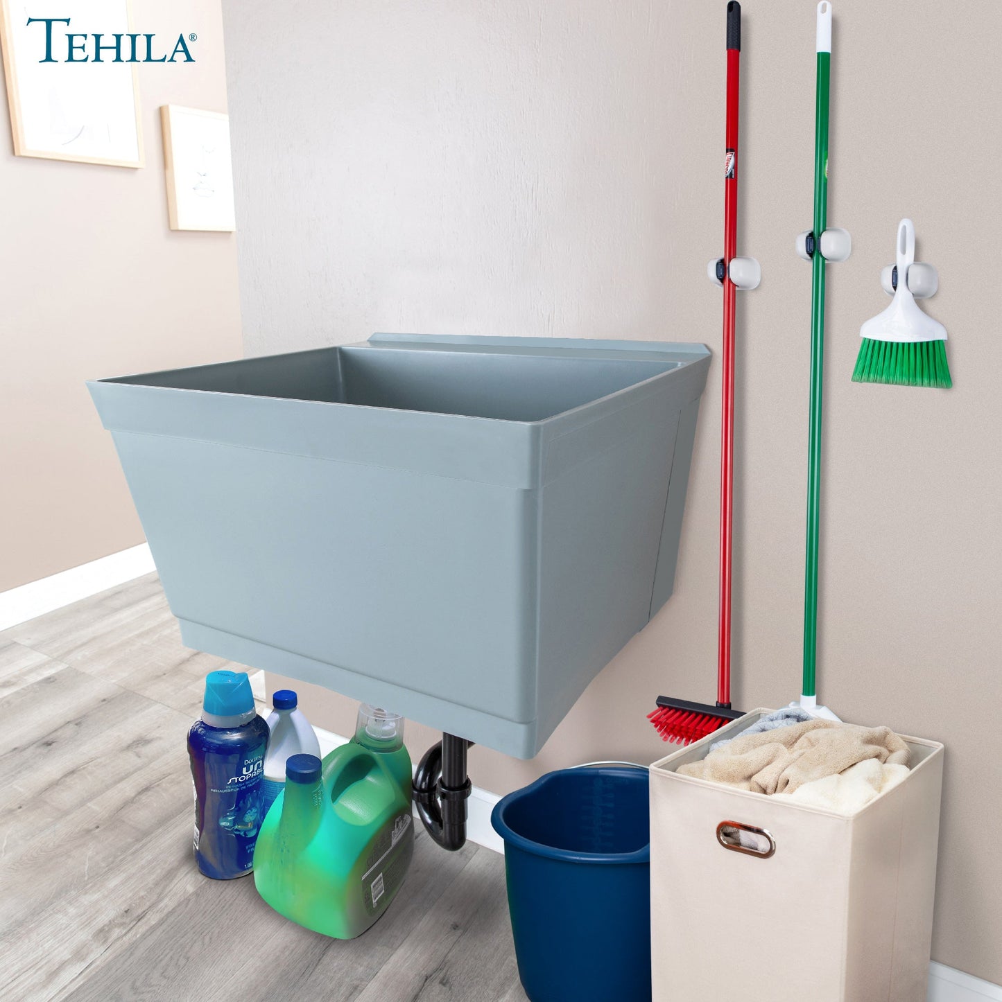Tehila Standard Wall-Mounted Grey Utility Sink, Water Supply Lines Included