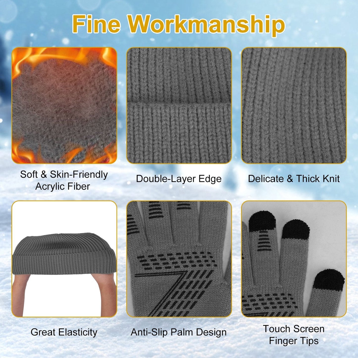 3Pcs Winter Warm Beanie and Touch Screen Gloves