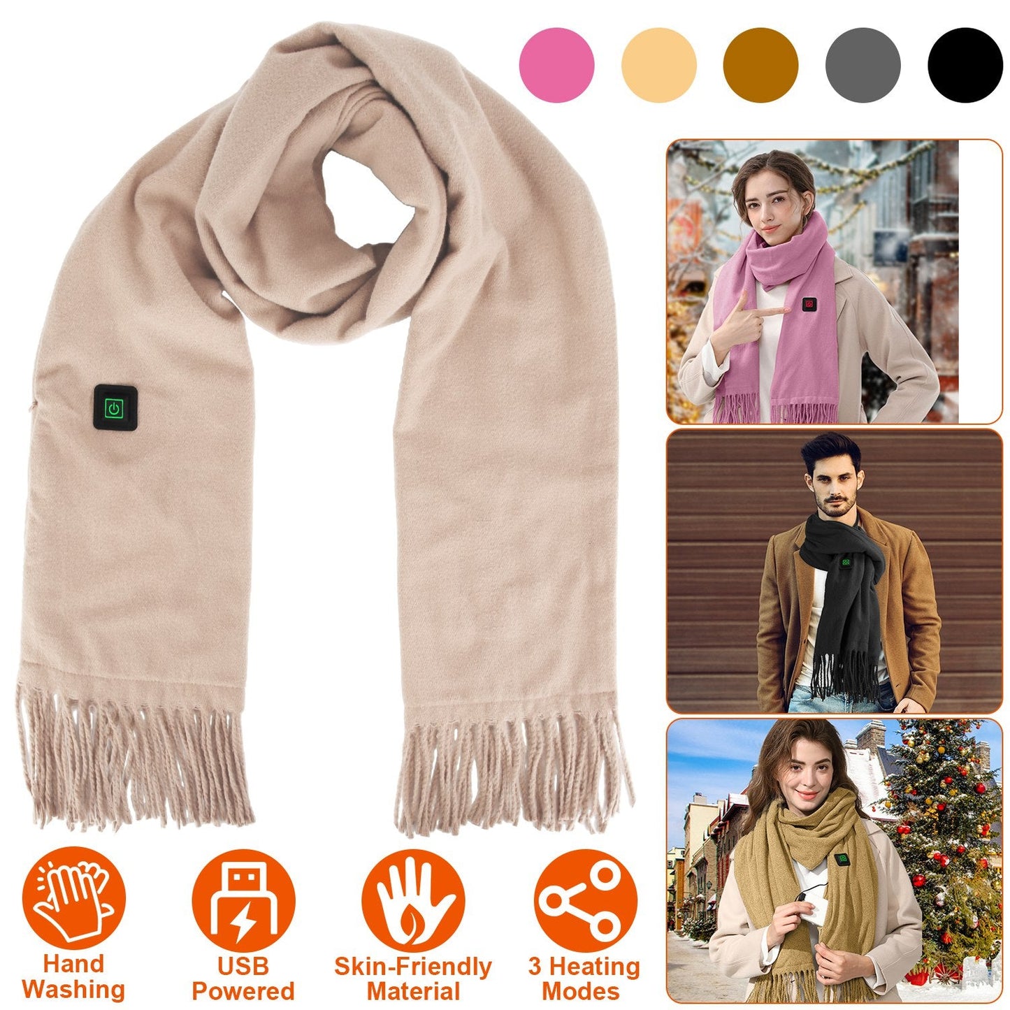 Electric Heated Winter Scarf USB Heating Neck Wrap Unisex Heated Neck Shawl Soft Warm Scarves 3 Heating Modes for Outdoor Cycling Skiing Skating