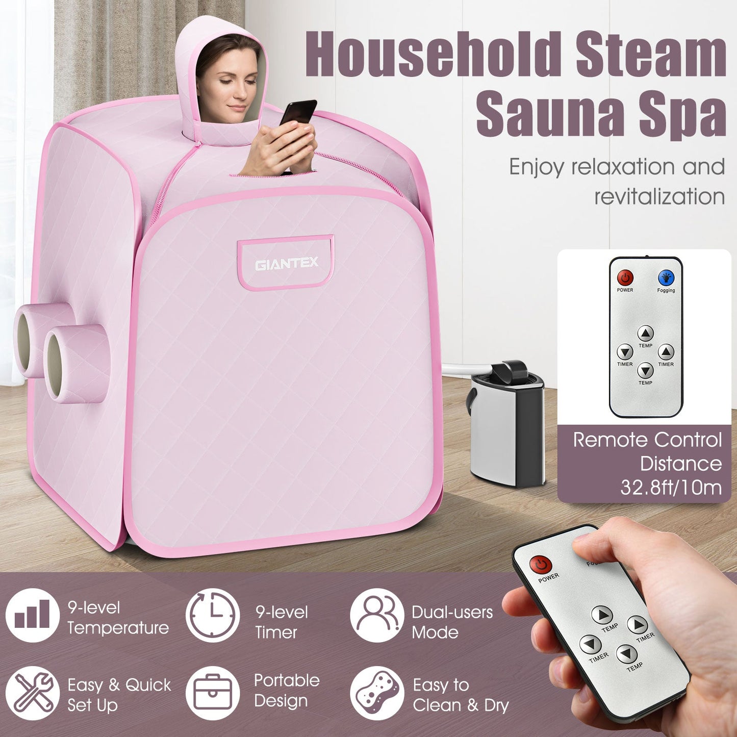 800W 2 Person Portable Steam Sauna Tent SPA with Hat Side Holes 3L Steamer-Pink