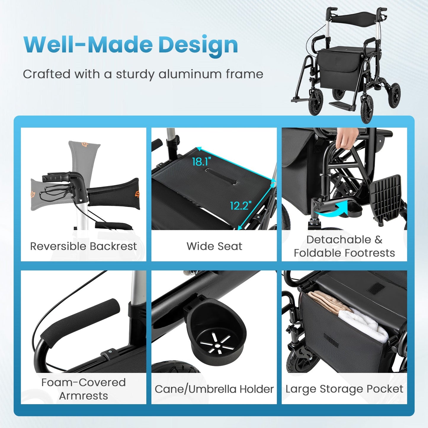 2-in-1 Foldable Rollator Walker with Seat abd 9 Inch Pneumatic Tires for Seniors-Black