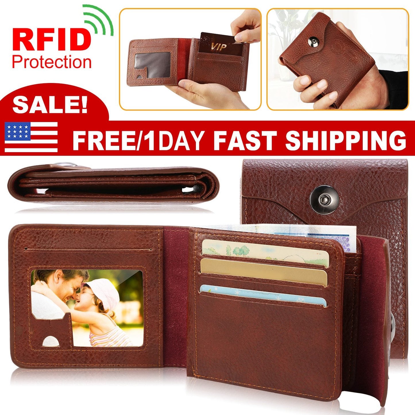 Men’s Wallet PU Leather Bifold Purse Slim RFID Blocking Card Holder Cases w/ 2 ID Window Coin Pocket