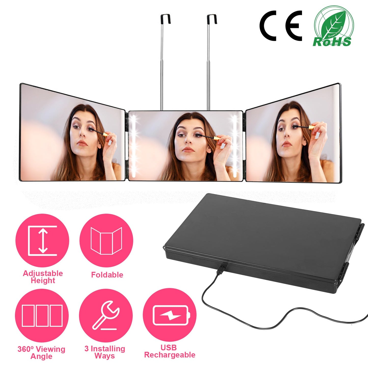 3 Way Mirror with LED Telescopic Hanger
