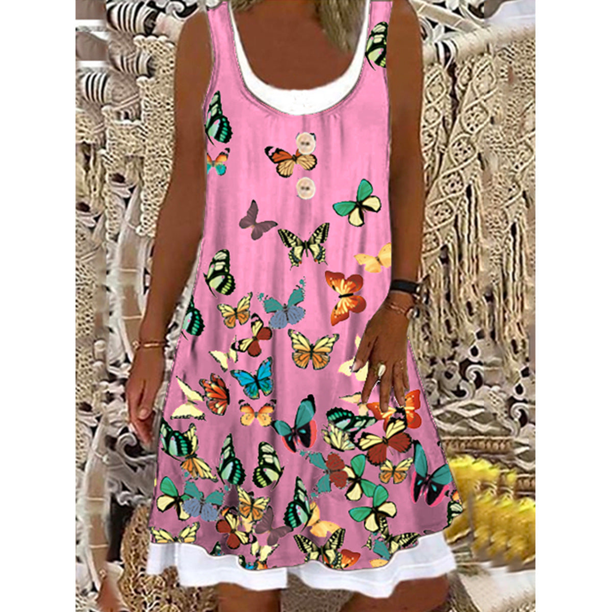 New Product Printed Butterfly Big Swing Mid-Skirt Sleeveless Tight-Fitting Button Dress