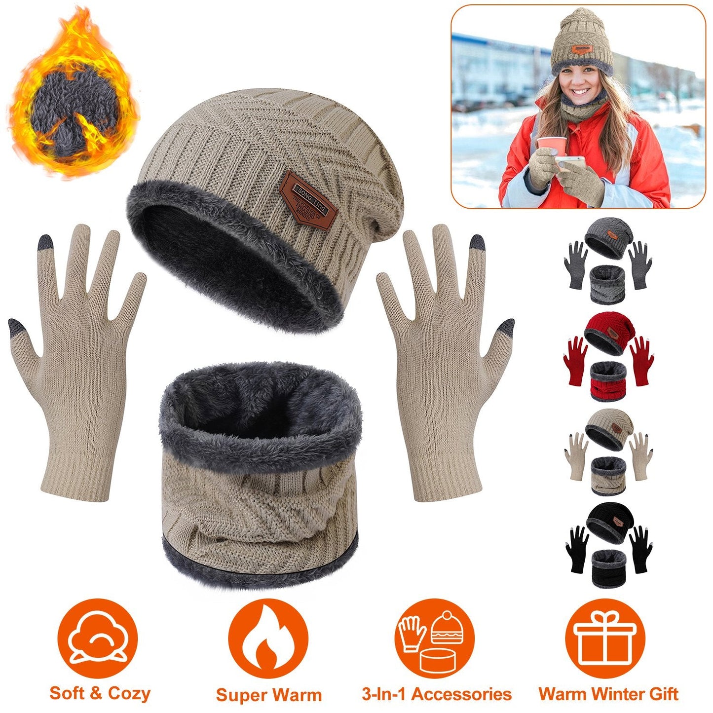 Unisex Winter Warm Knitted Beanie Scarf Gloves Set