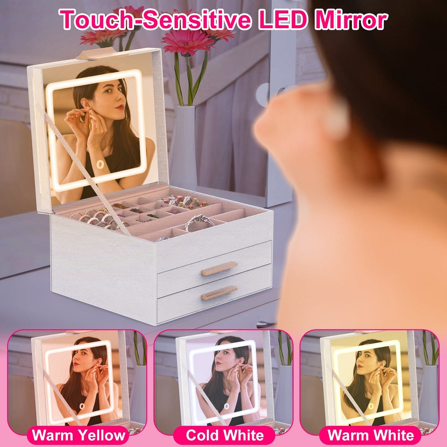 LED Mirror Jewelry Box with 2 Drawers