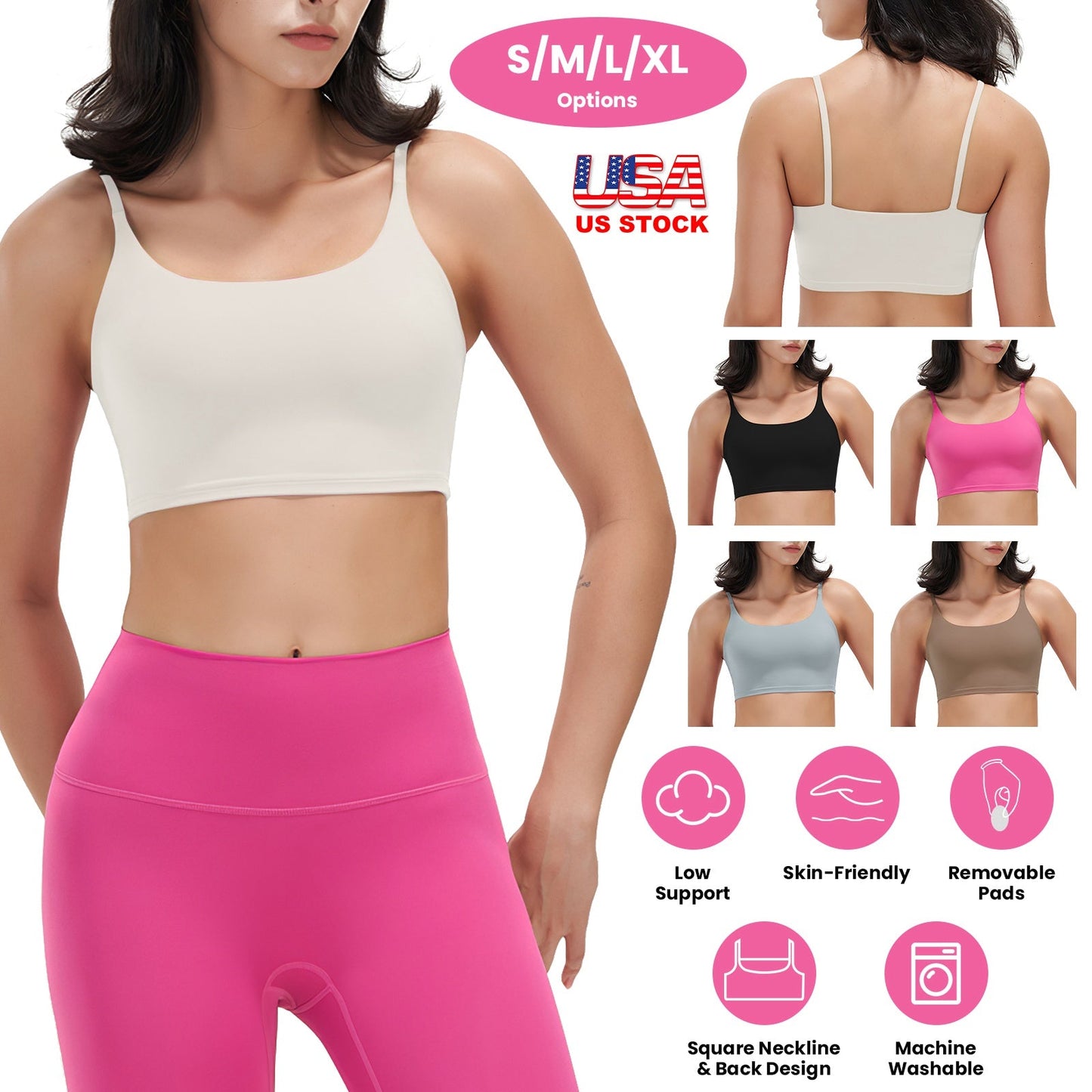 Women Strap Sport Bras Padded Strappy Crop Square Neck Low Impact Bras Sexy Fitness Tank Tops with Removable Pads Flat Straps for Gym Yoga Workout Run