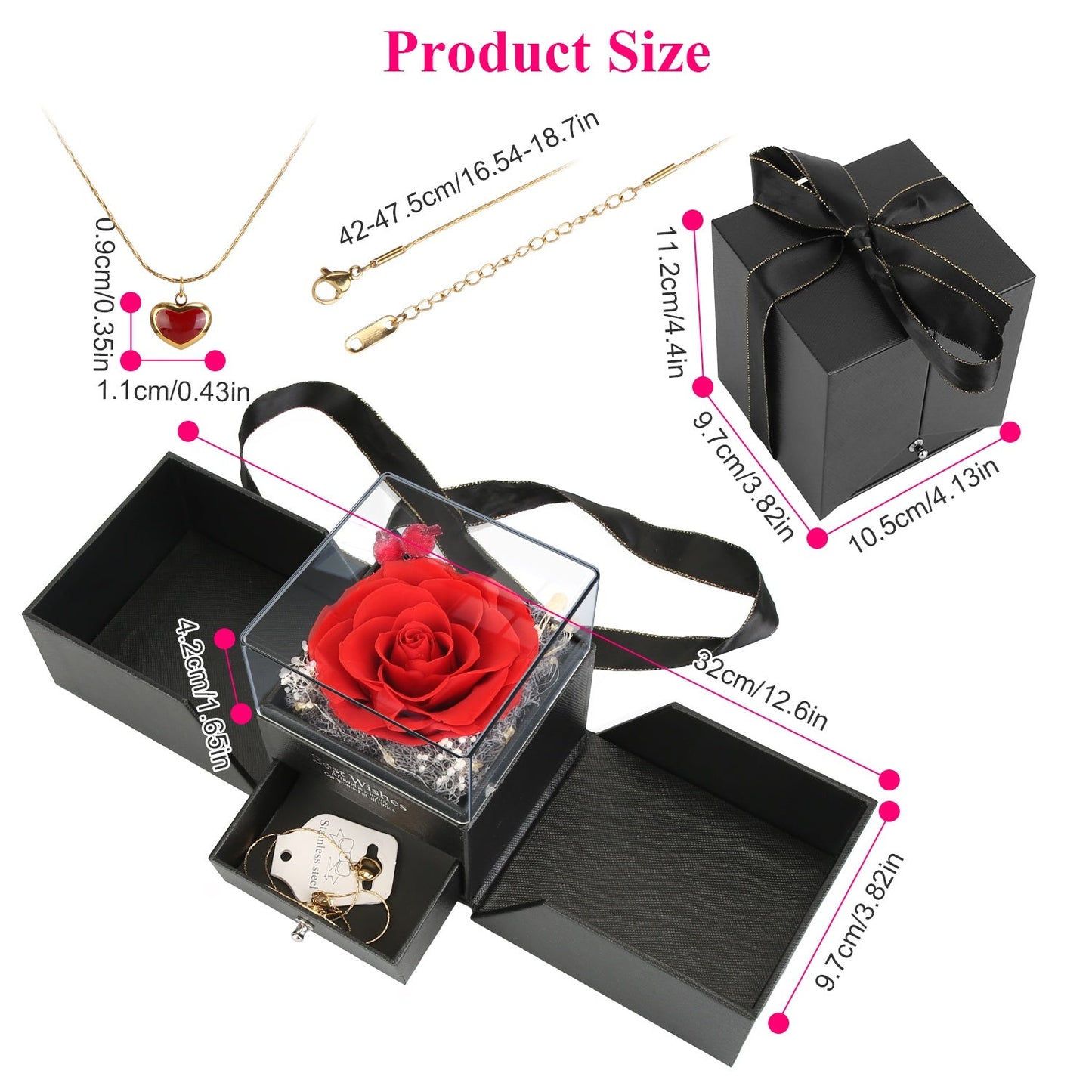 Preserved Red Real Rose with Heart Necklace