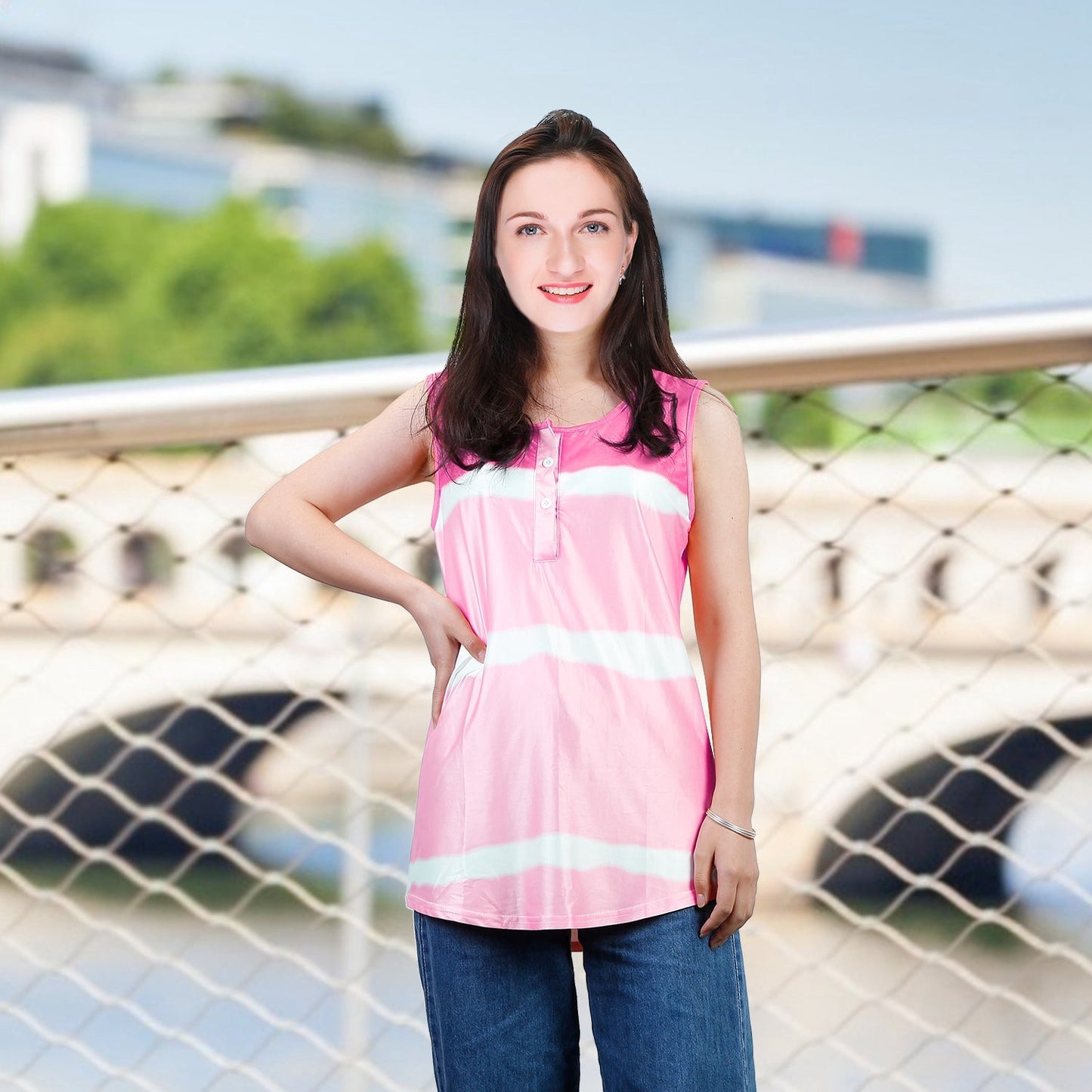 Women Tie-dye Sleeveless Tank Tops Summer Loose T Shirts Tops Button Down Shirts Vest Blouse Plus Size