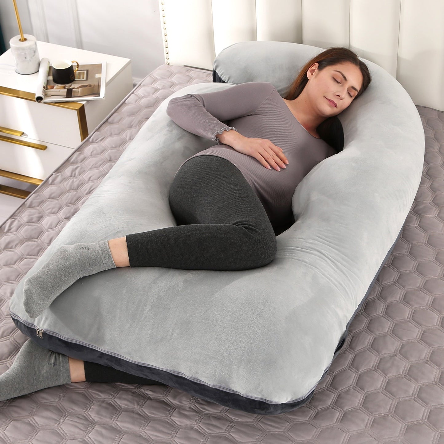Pillow Lying On The Side With Detachable Crystal Velvet G-shaped Waist Pillow