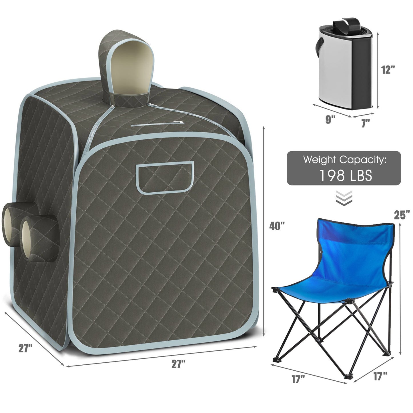 800W 2 Person Portable Steam Sauna Tent SPA with Hat Side Holes 3L Steamer-Gray
