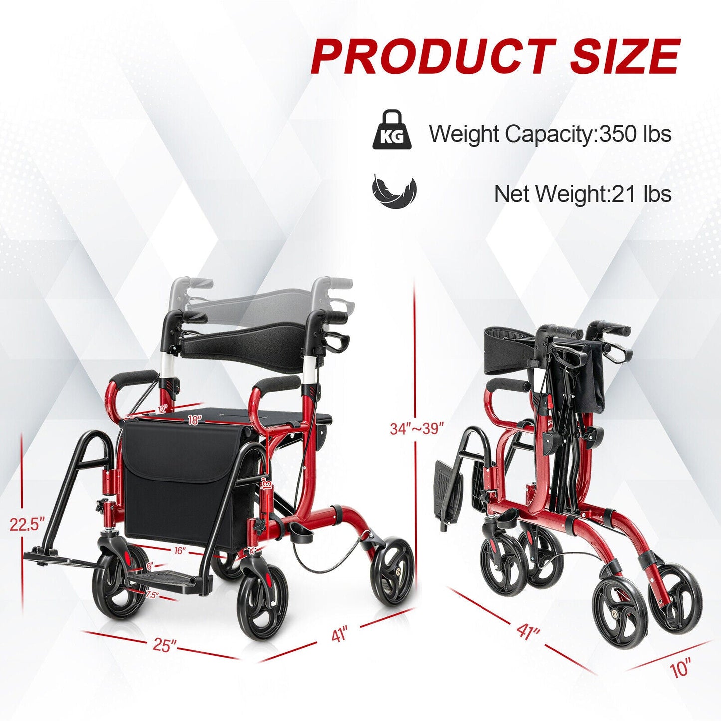 Folding Rollator Walker with 8-inch Wheels and Seat-Red