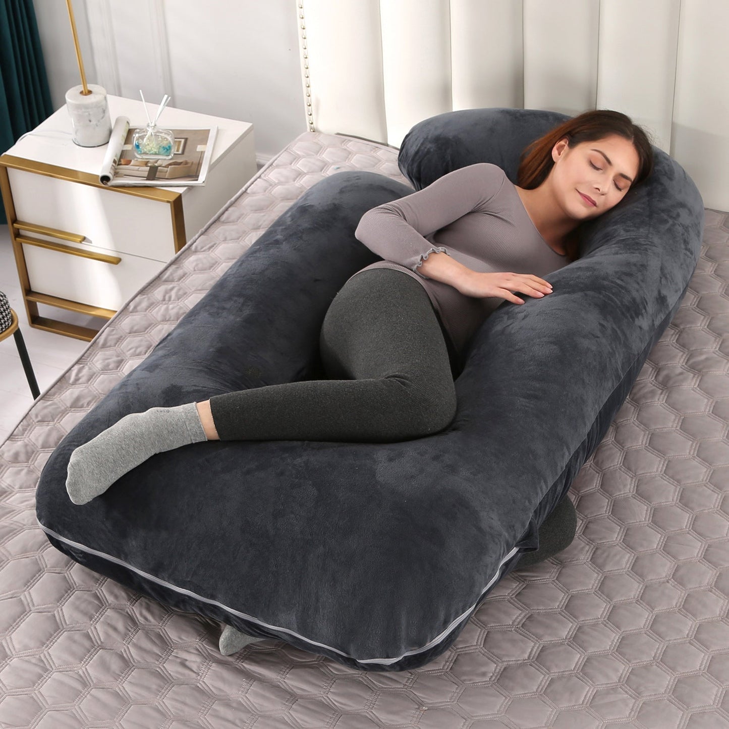 Pillow Lying On The Side With Detachable Crystal Velvet G-shaped Waist Pillow