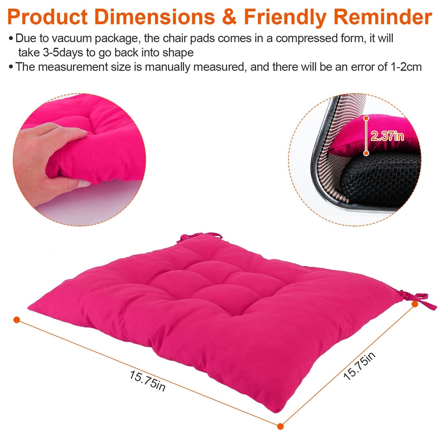 4Pcs Chair Cushion Pads Pillow 15.75x15.75x2.37in Soft Tie On Square Sitting Mats For Home Office Car Sitting Travel