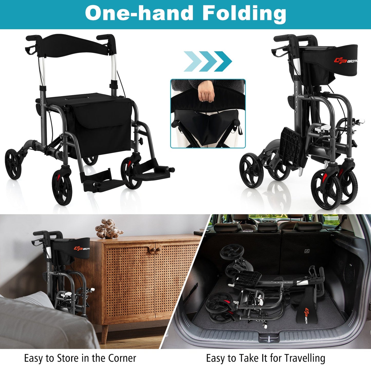 2-in-1 Adjustable Folding Handle Rollator Walker with Storage Space-Black