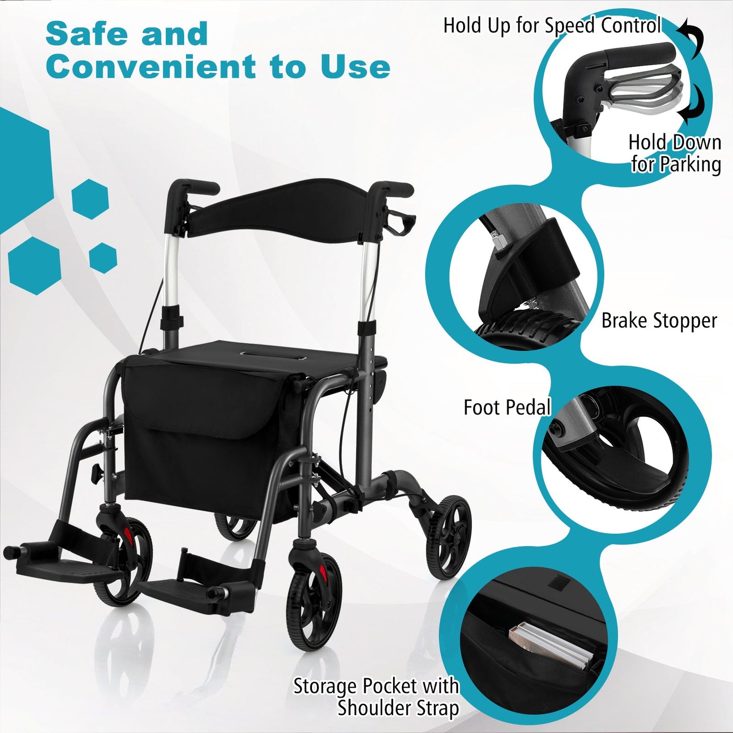 2-in-1 Adjustable Folding Handle Rollator Walker with Storage Space-Black