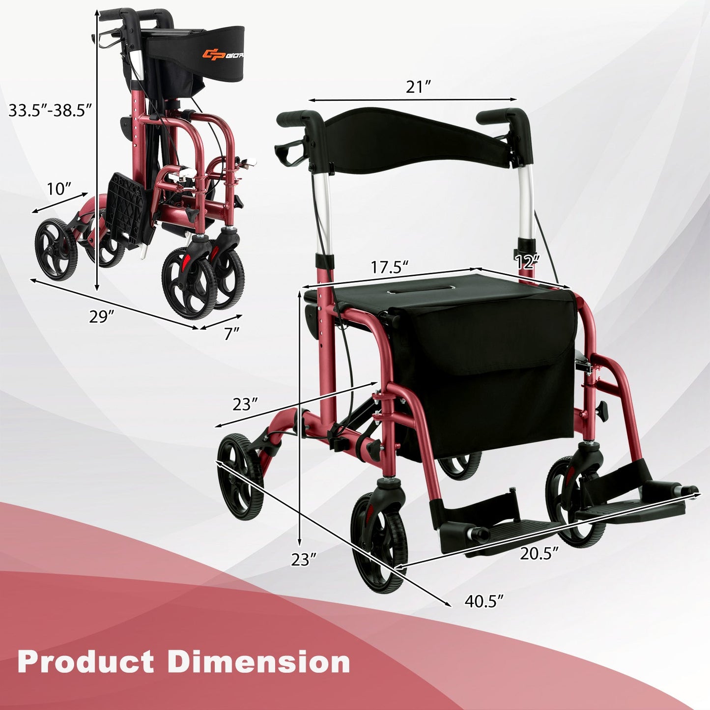 2-in-1 Adjustable Folding Handle Rollator Walker with Storage Space-Red