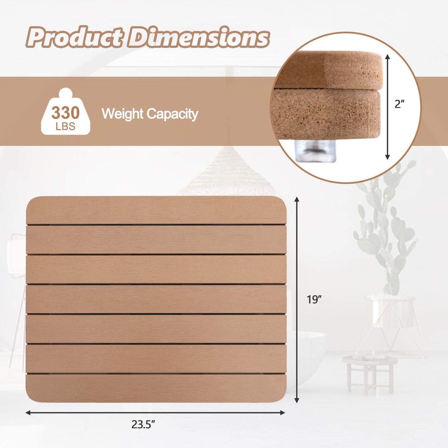 Waterproof HIPS Bath Spa Shower Mat with Non Slip Foot Pads-Brown