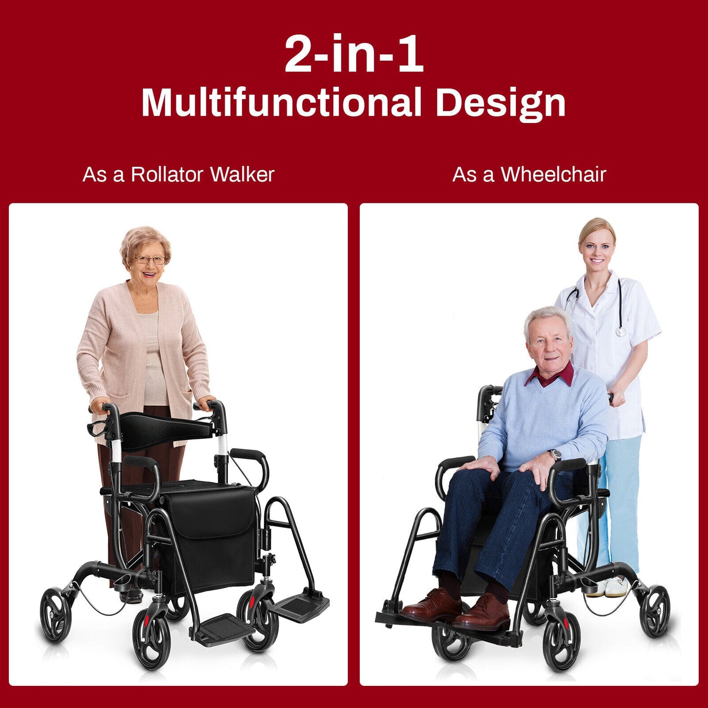 Folding Rollator Walker with 8-inch Wheels and Seat-Black