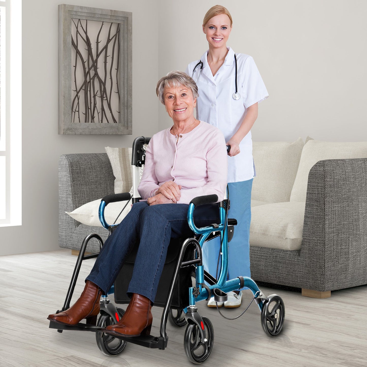 Folding Rollator Walker with 8-inch Wheels and Seat-Navy