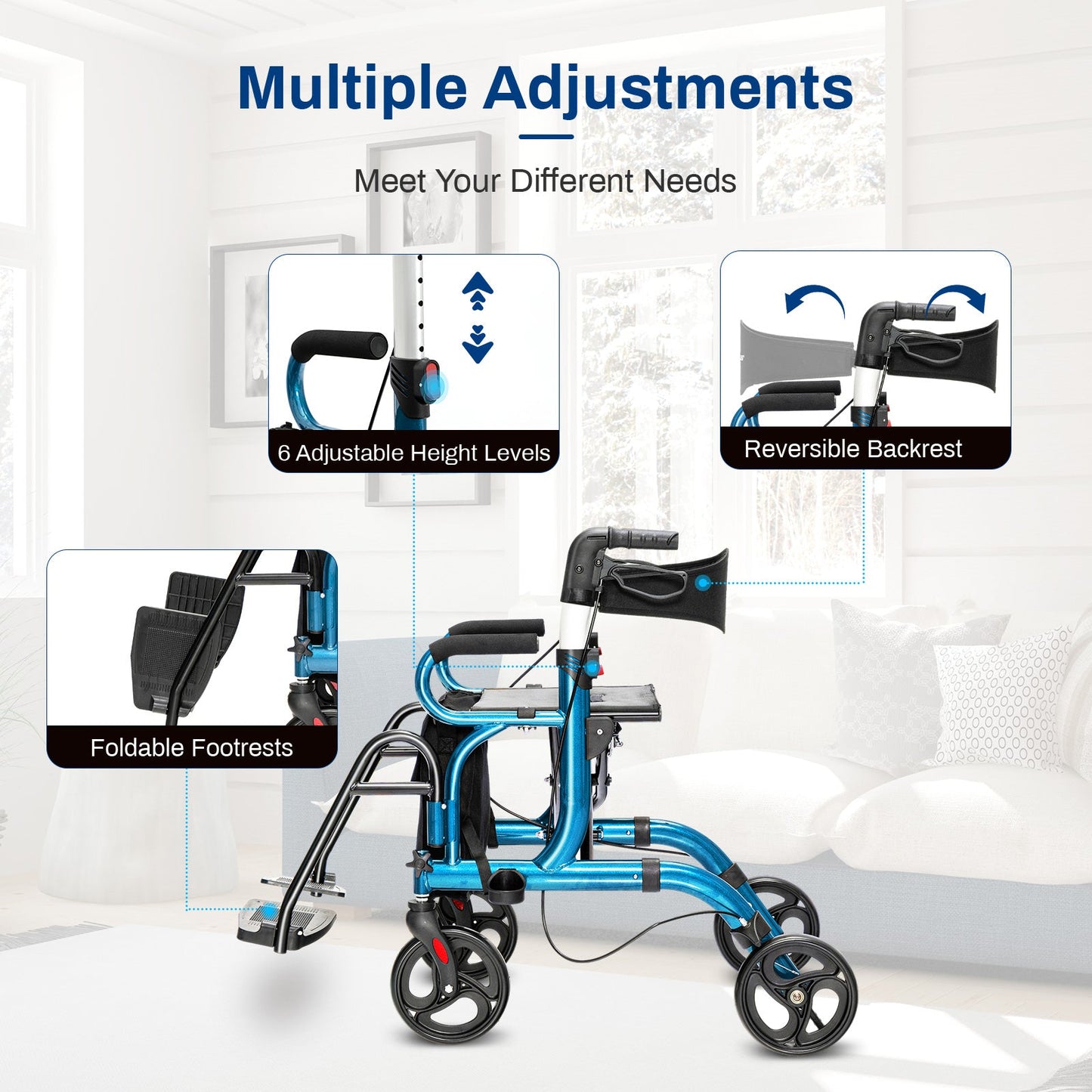 Folding Rollator Walker with 8-inch Wheels and Seat-Navy
