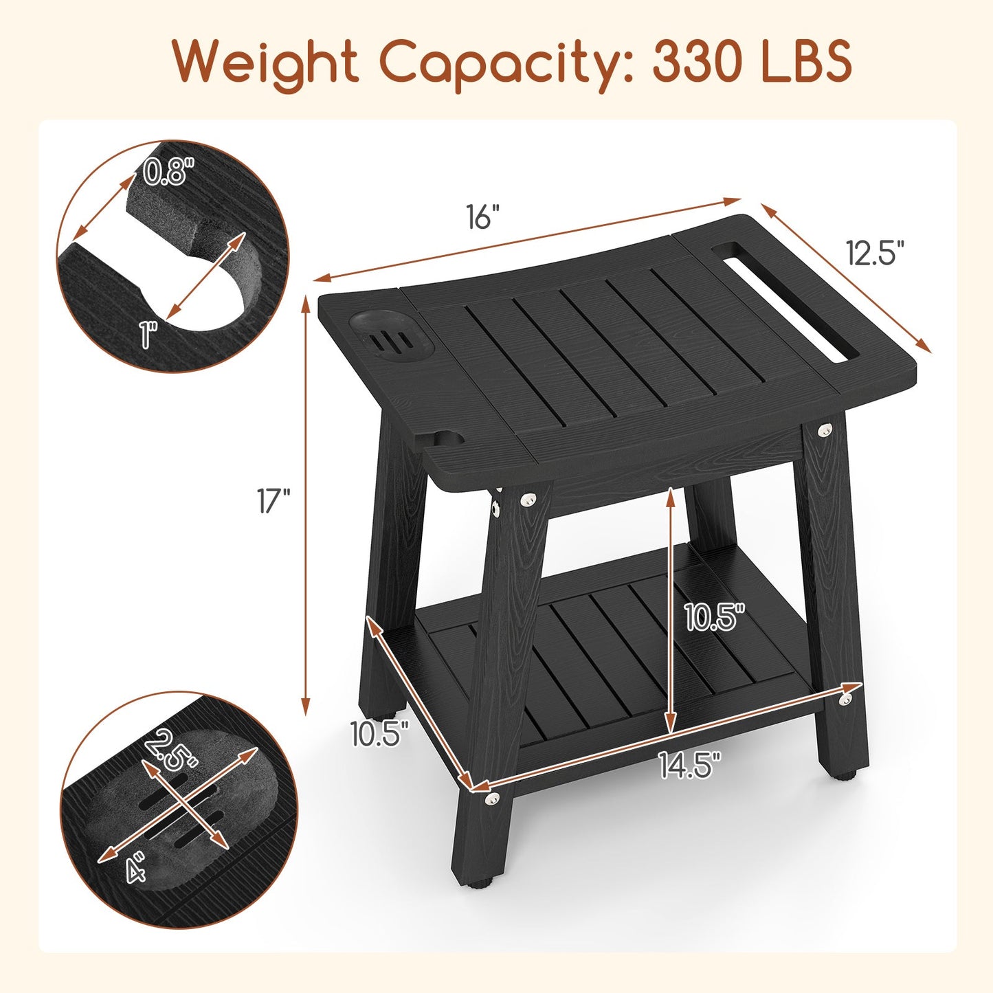 HIPS Shower Bench Seat with Handle Shower Head-Black