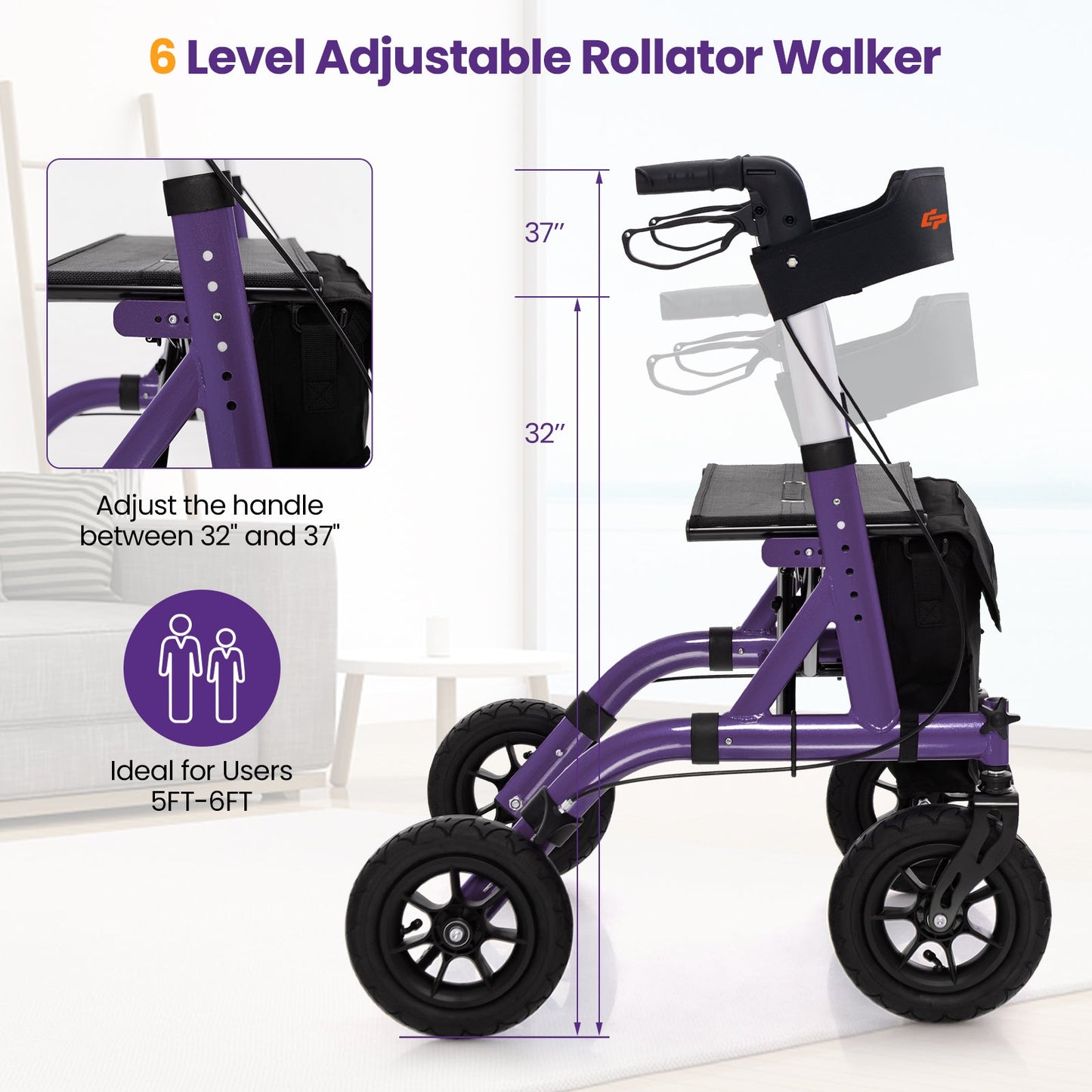Height Adjustable Rollator Walker Foldable Rolling Walker with Seat for Seniors-Purple