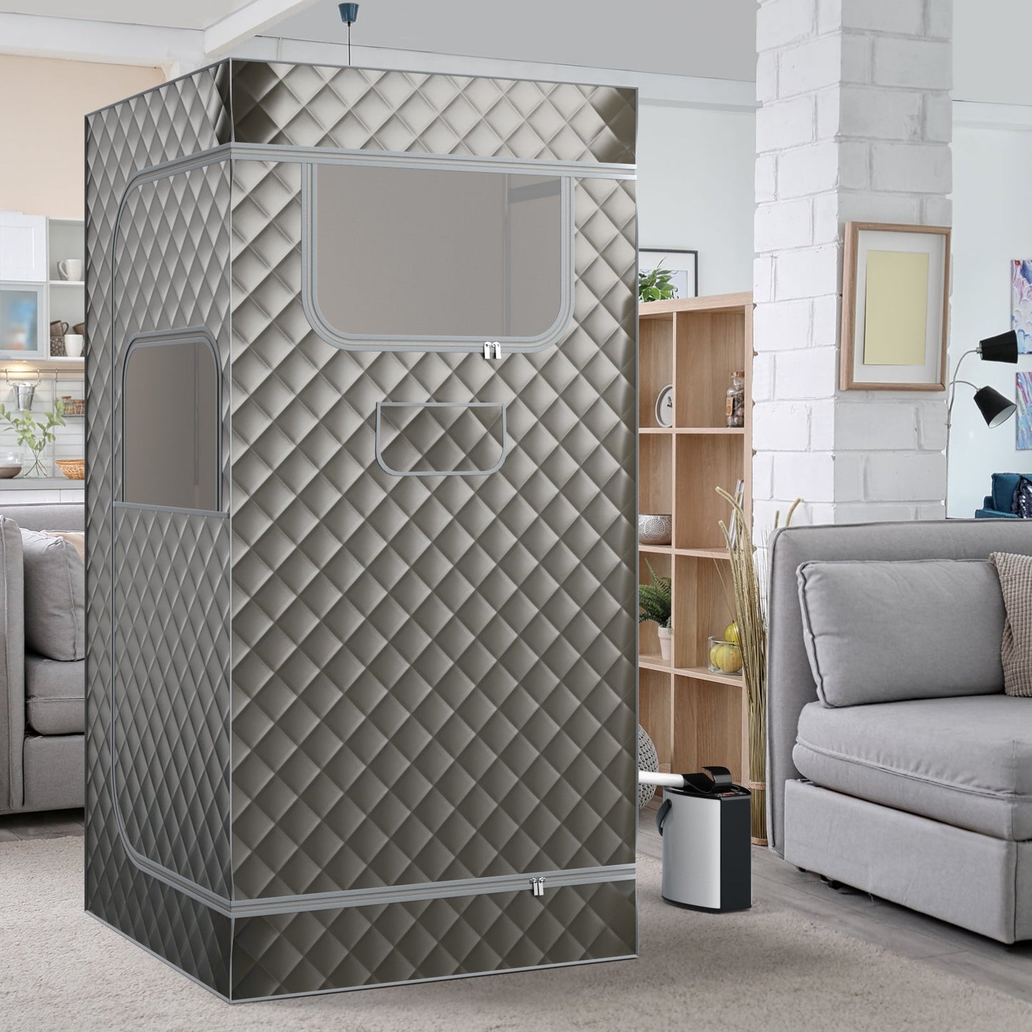 Portable Steam Sauna with 3L Steam Generator Remote Control Wood Foot Massager and Foldable Chair for Home-Gray