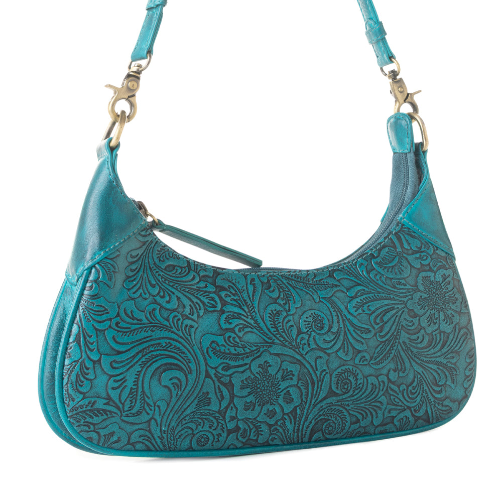 Myra Heritage Vine Embossed Leather Bag for Women in turquoise with shoulder strap