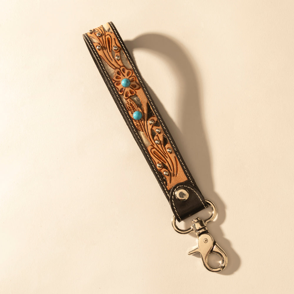 Myra River Glen Handtooled Hairon Leather Key Fob in Espresso Turquoise
