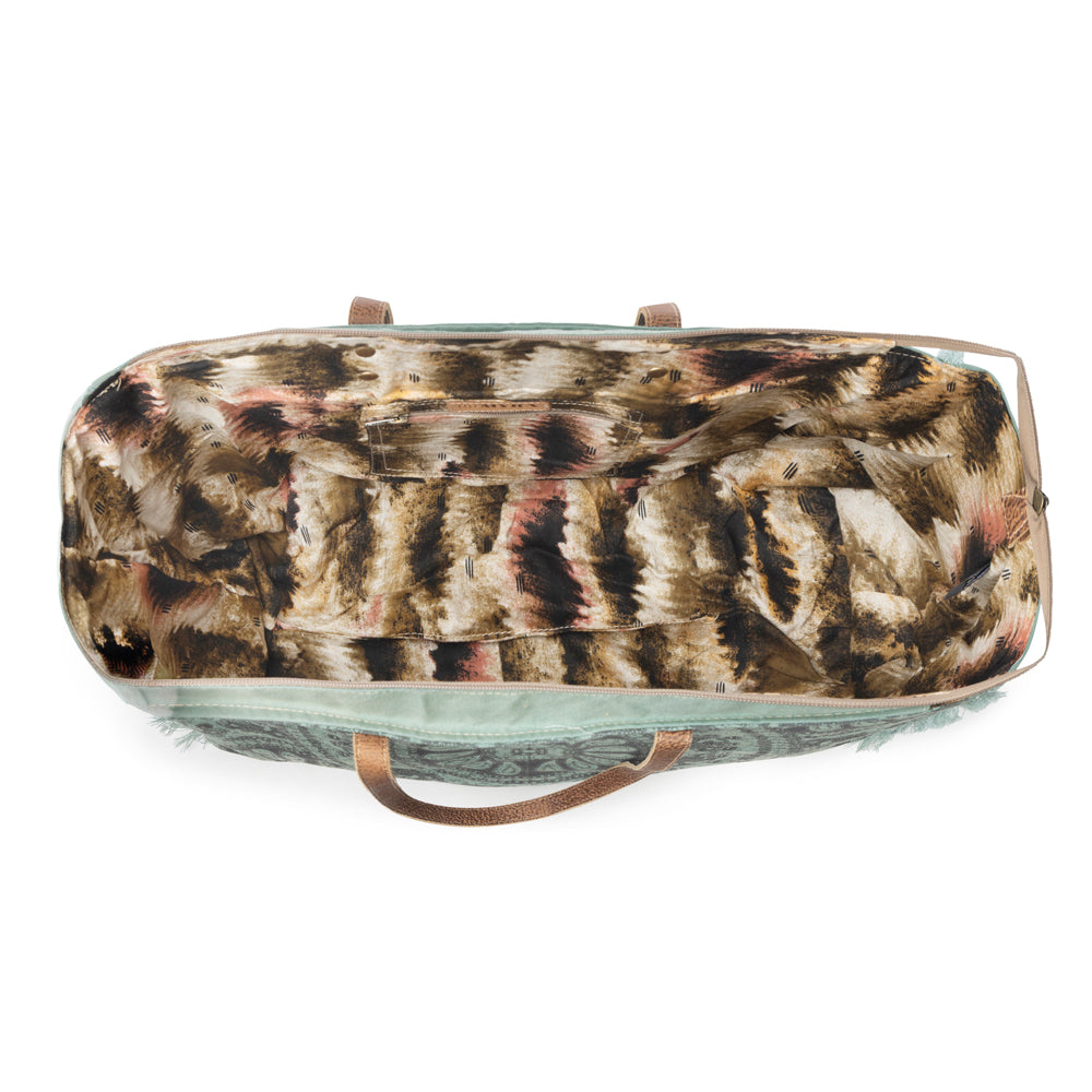 Myra Wildtusk Weekender Bag for Women in green with vintage print detail