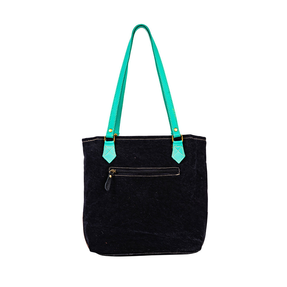Myra Galaxy Fire Handtooled Shoulder Bag Black Sparkle Body with Aqua Leather Straps