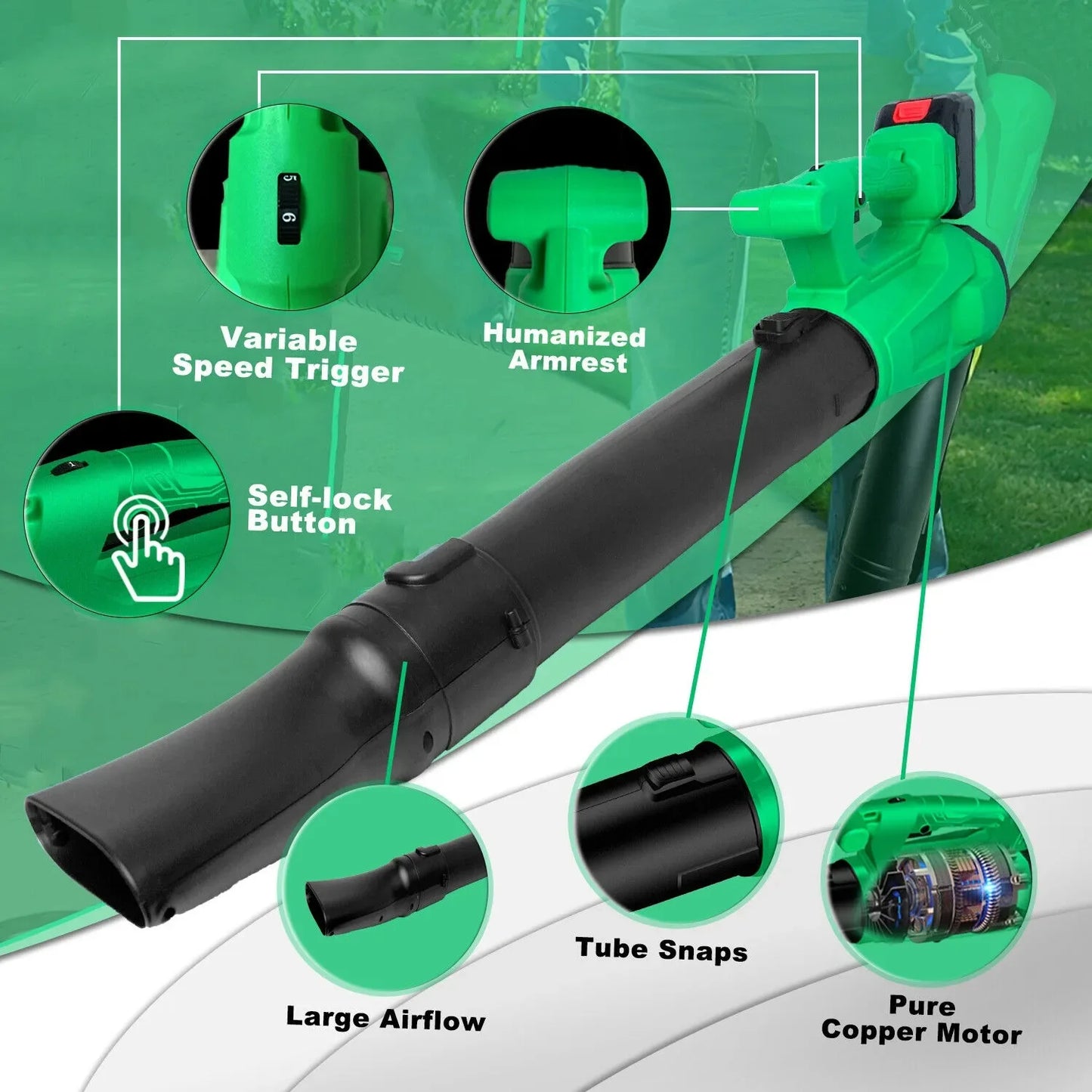 Tegatok Cordless Electric Leaf Blower 450CFM 125MPH Air Blower Snow Blower Dust Sweeper Garden Tools 20V Battery