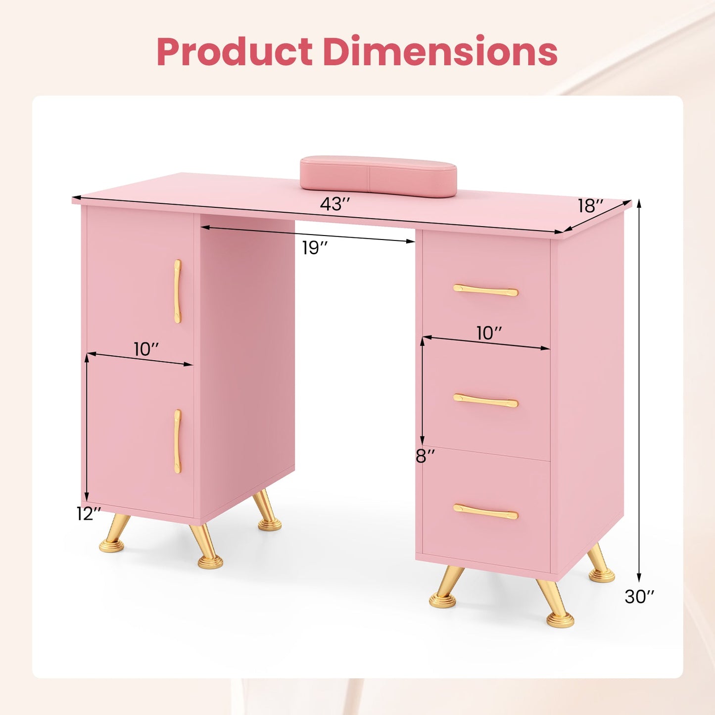 Wooden Manicure Table Nail Desk with Drawers Wrist Rest-Pink