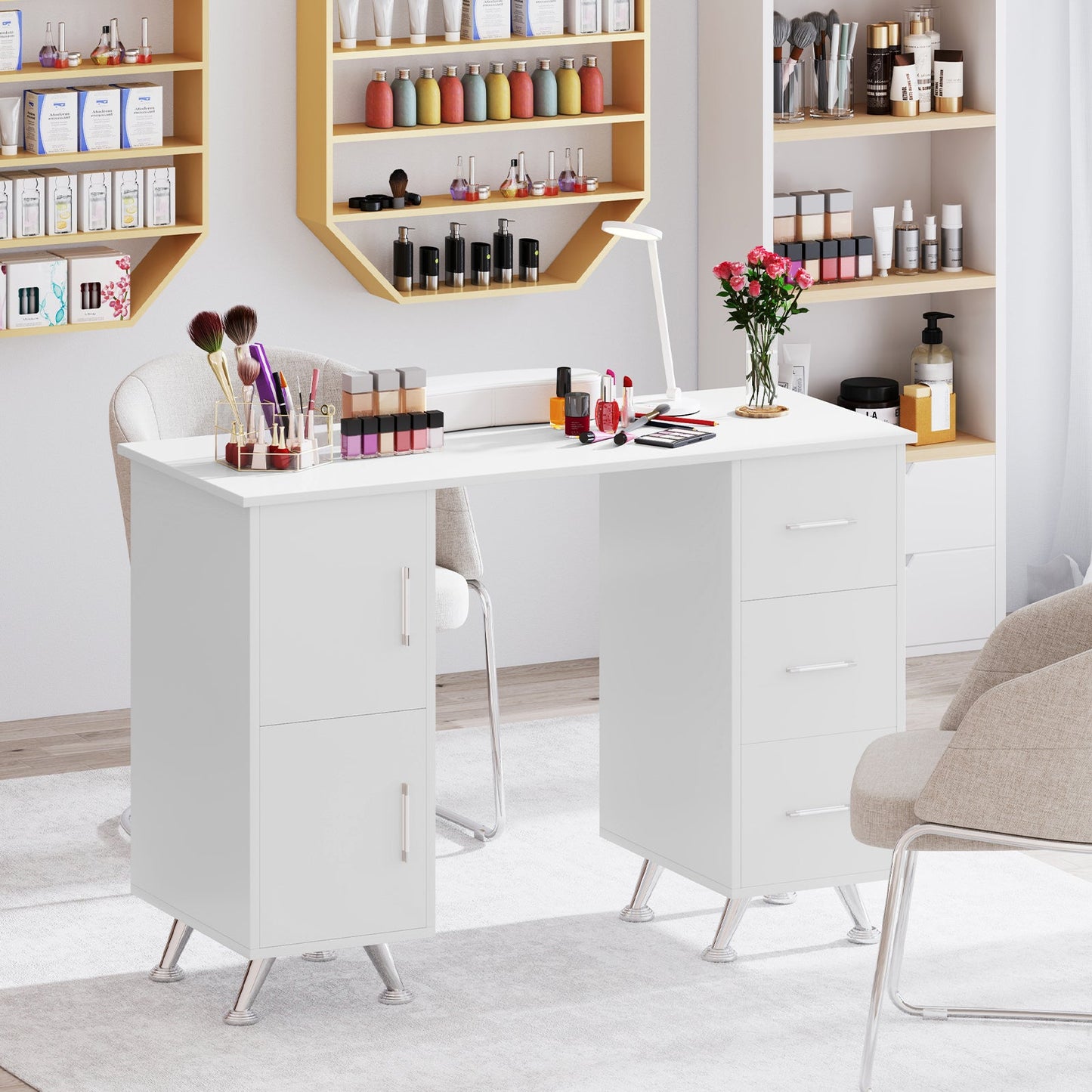 Wooden Manicure Table Nail Desk with Drawers Wrist Rest-White